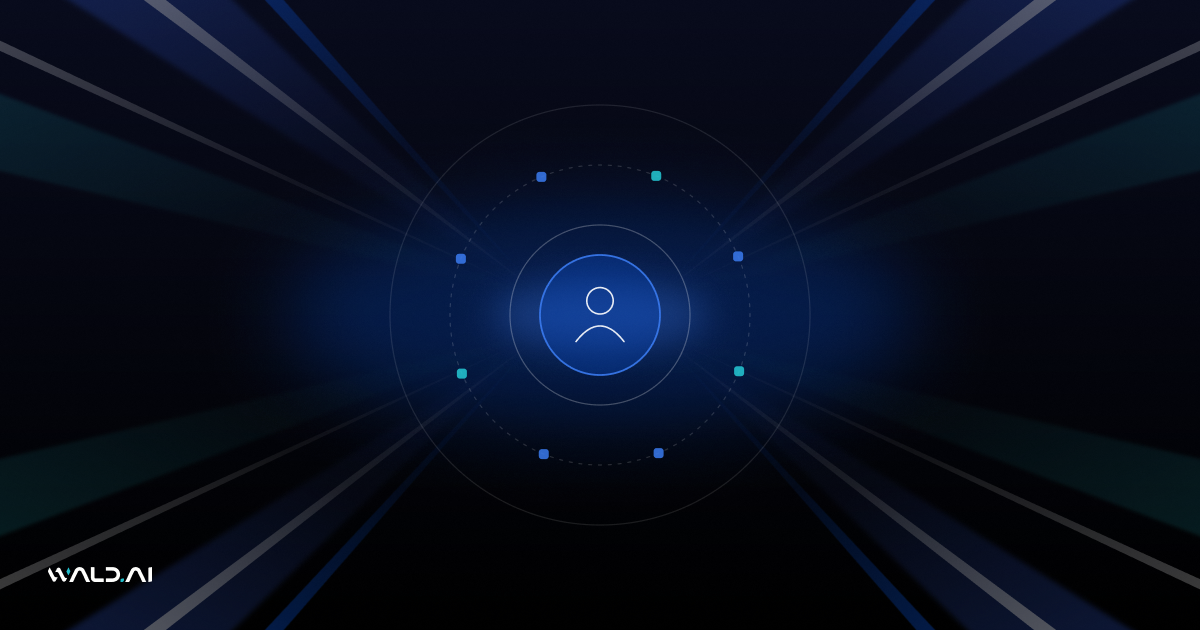 Abstract Wald AI blog banner with a person at the centre of concentric protective rings on a dark background with blue light rays