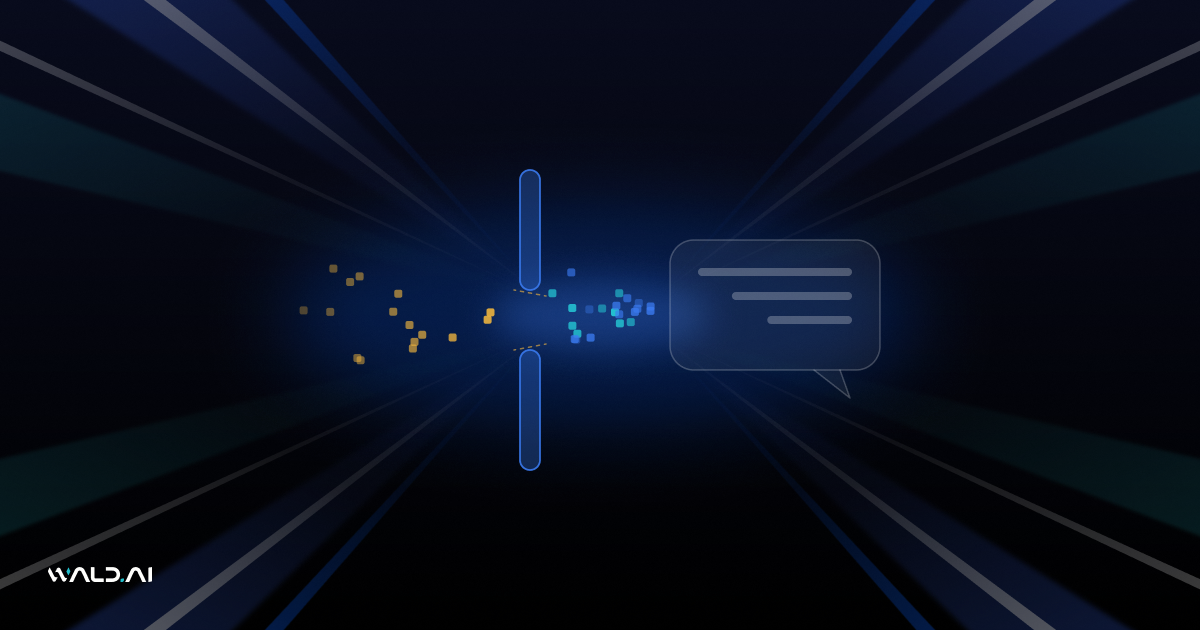 Abstract Wald AI blog banner with data flowing from a chat bubble toward a protective barrier on a dark background with blue light rays