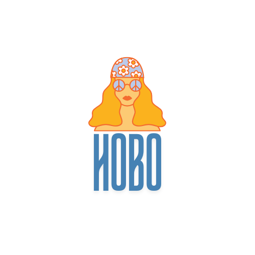  image of logo done be SE Design Studio in Southern Oregon of HOBO and a girl with peace glasses on that is a hippie