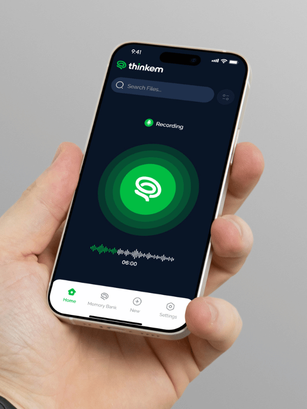 Hand holding a smartphone displaying a voice recording app with 'thinkem' logo, showing a green recording indicator and 6-minute duration.