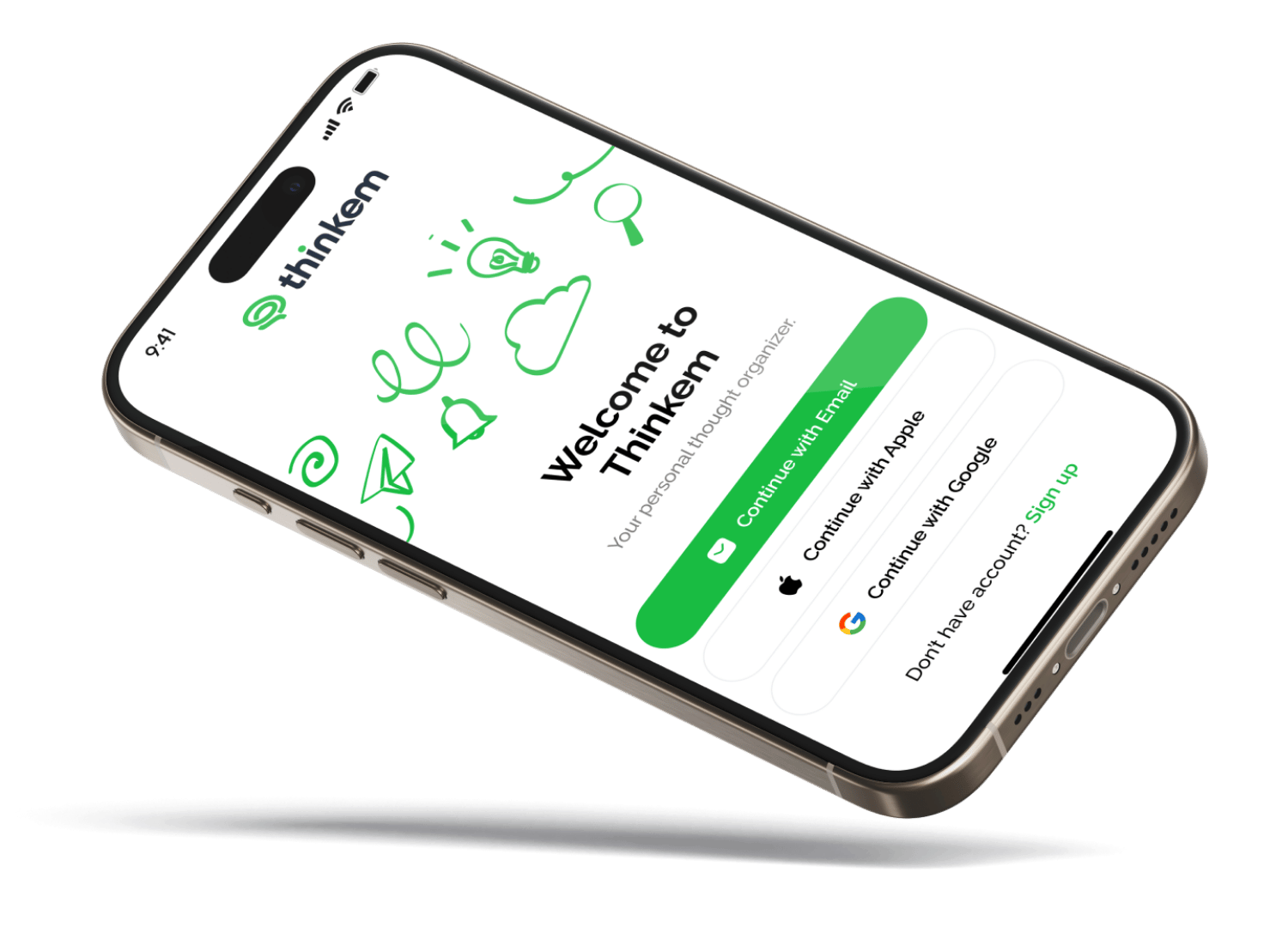 Smartphone screen displaying Thinkem app welcome page with options to continue with email, Apple, or Google sign-in.