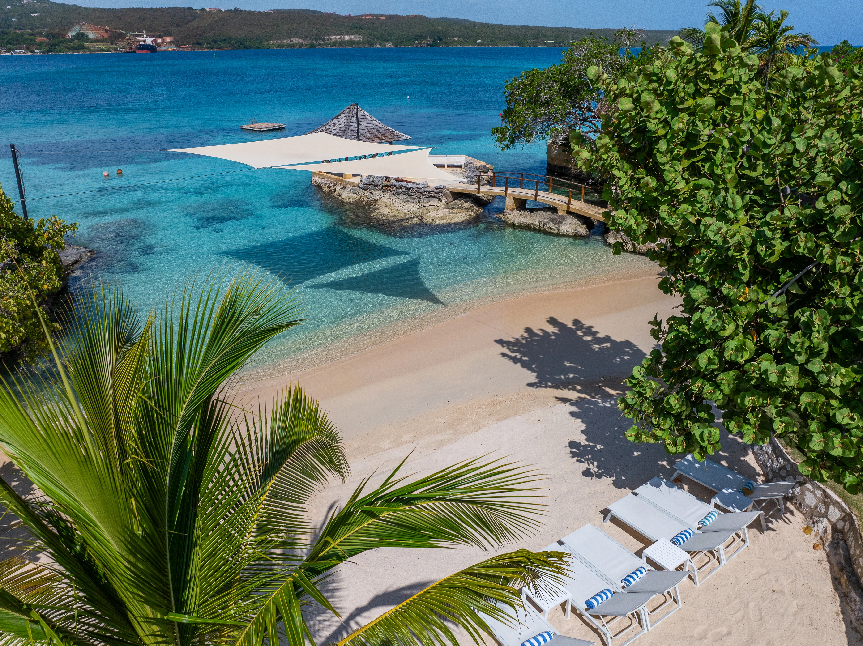 Aerial view of the beach with sun loungers