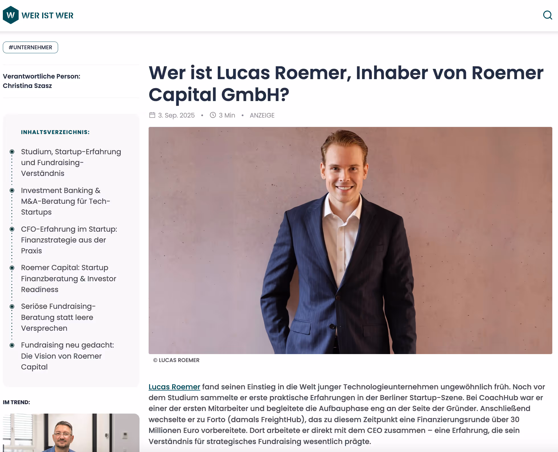 Wer ist Lucas Roemer, Inhaber der Roemer Capital GmbH?