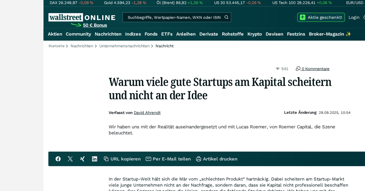 Warum viele vielversprechende Startups eher am fehlenden Kapital als an ihrem Konzept scheitern