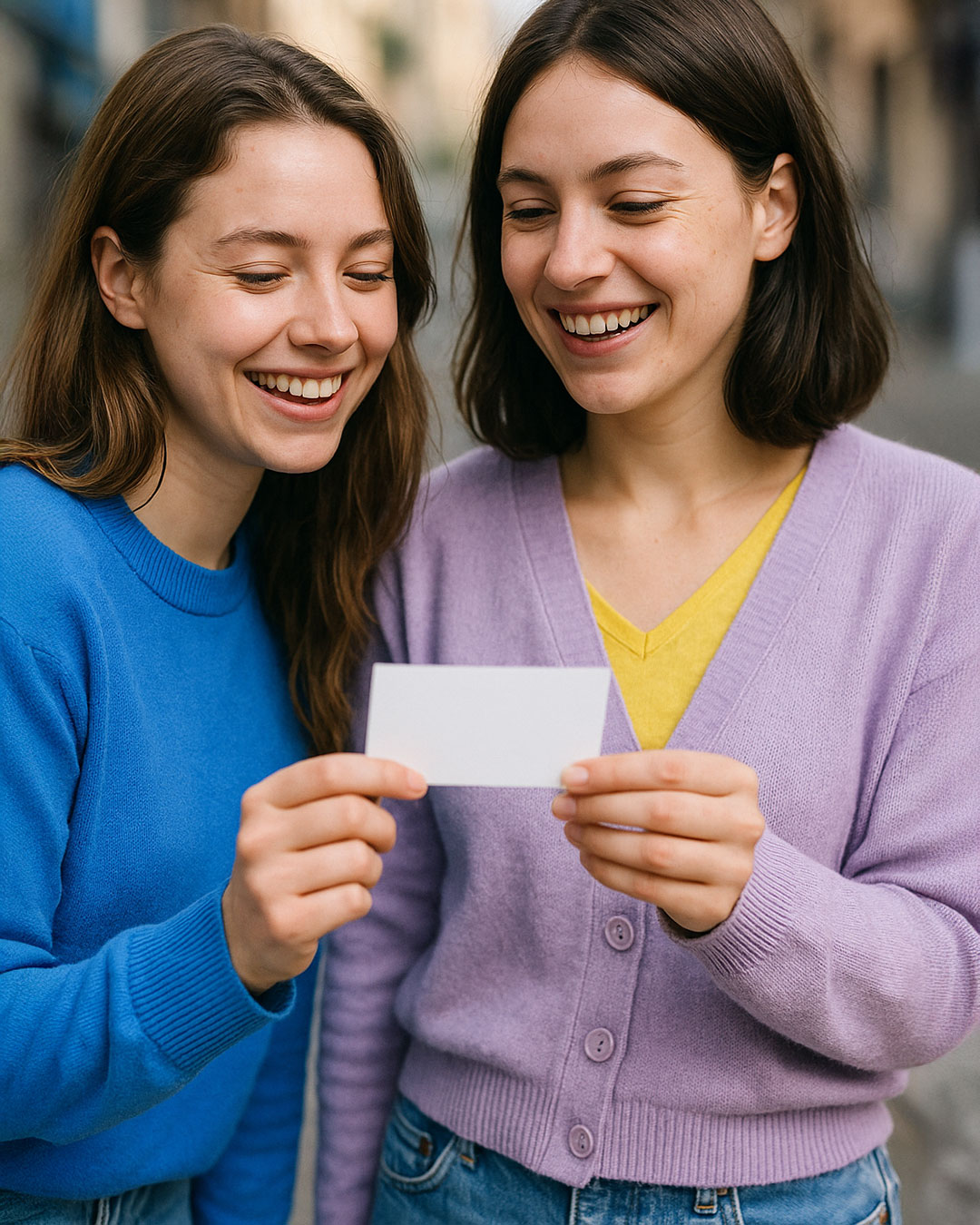 Deux jeunes femmes souriantes regardant une carte blanche ensemble en extérieur.
