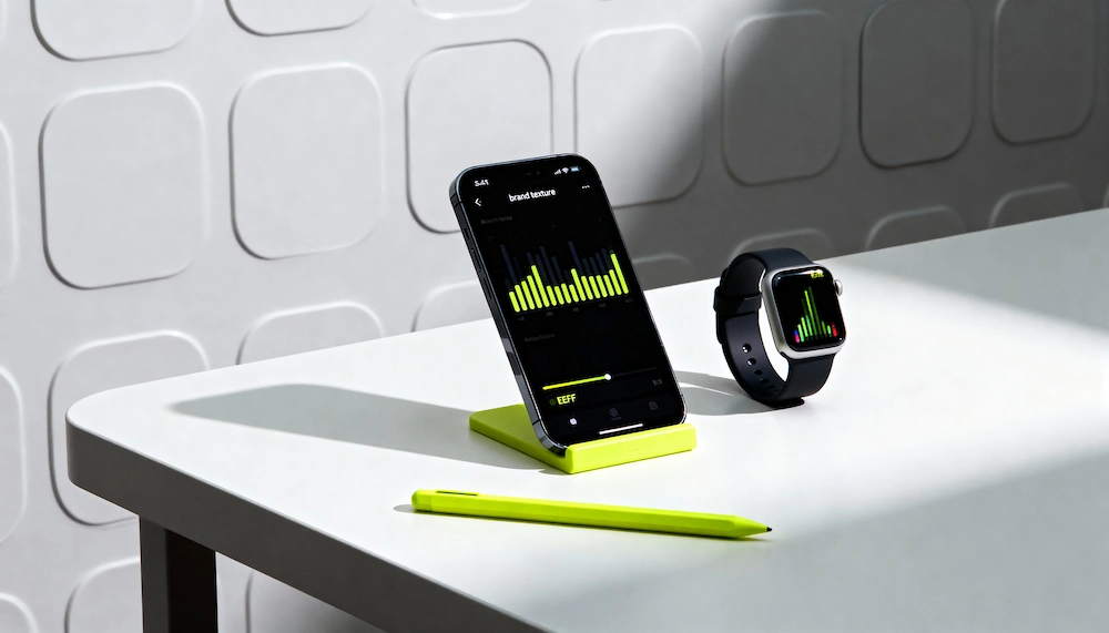 Un smartphone affichant un graphique en barres vertes sur un support de téléphone vert, à côté d'une montre connectée affichant un graphique similaire et d'un stylo vert, sur une table blanche.