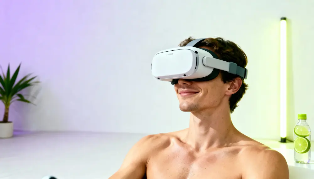 Jeune homme torse nu portant un casque de réalité virtuelle blanc dans un environnement intérieur lumineux avec une plante verte et une bouteille d'eau citronnée en arrière-plan.