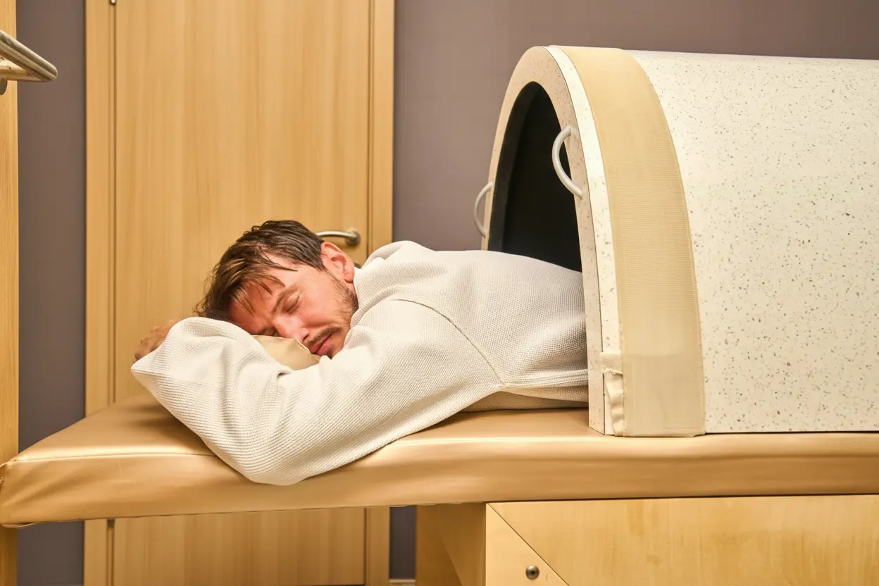 Un homme endormi sur un lit de spa, son corps partiellement inséré dans une cabine de sauna en forme de demi-cylindre.