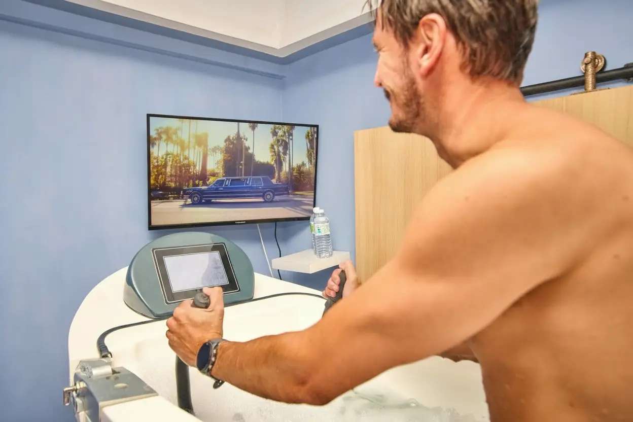 Homme torse nu faisant de l’aquabike dans une piscine intérieure avec un écran affichant une limousine.