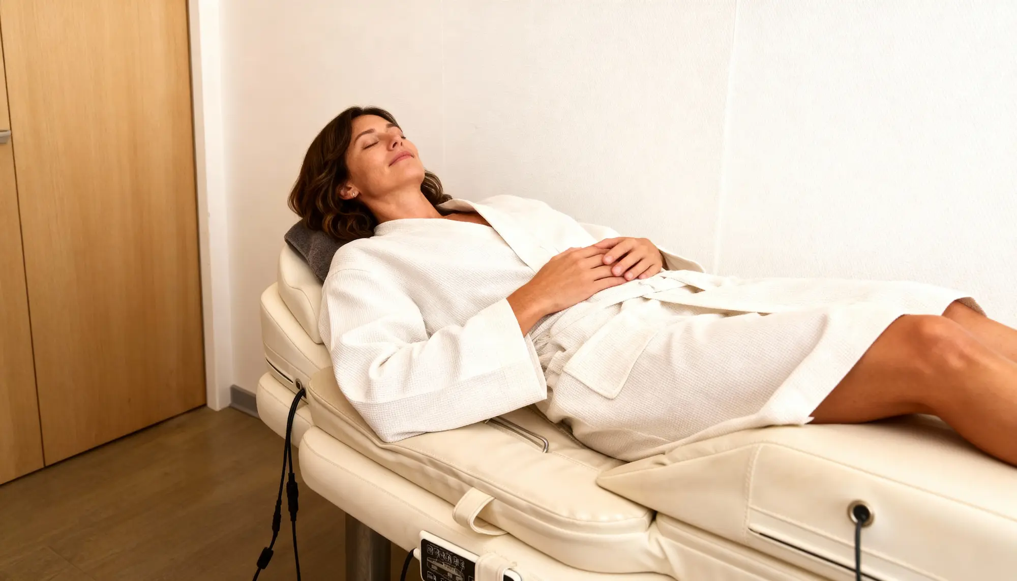 Femme détendue portant un peignoir blanc allongée sur une table de massage beige.