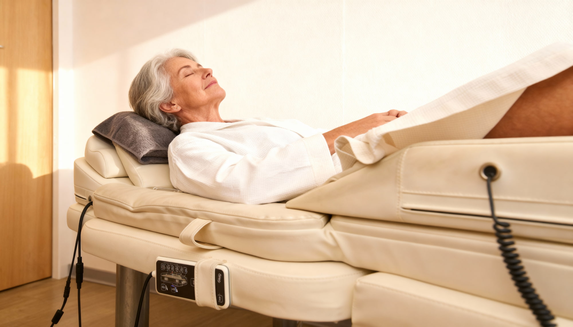 Femme âgée allongée sur une table de massage beige en peignoir blanc, les yeux fermés, dans une pièce lumineuse.