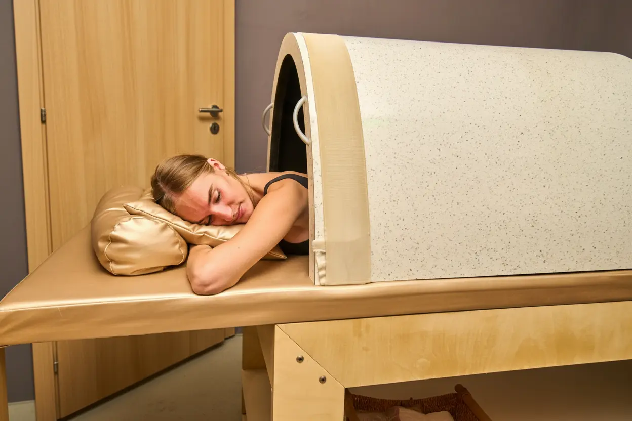 Une femme allongée sur une table avec un coussin doré, profitant d'une séance de sauna infrarouge avec un dôme en bois clair.