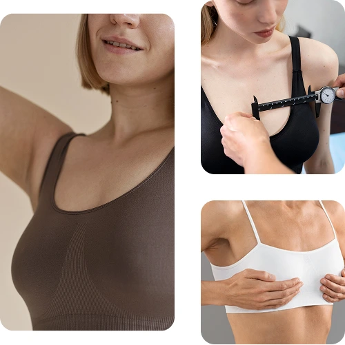Koláž fotek tří žen po zákroku zvětšení a modelace prsou.