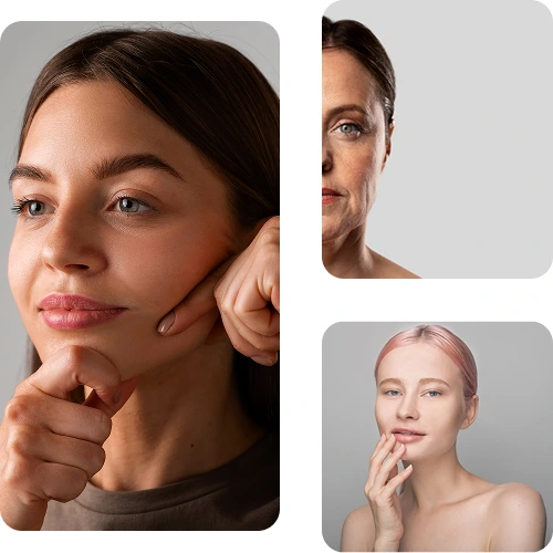 Koláž fotek obličejů po zákrocích facelift a operace víček