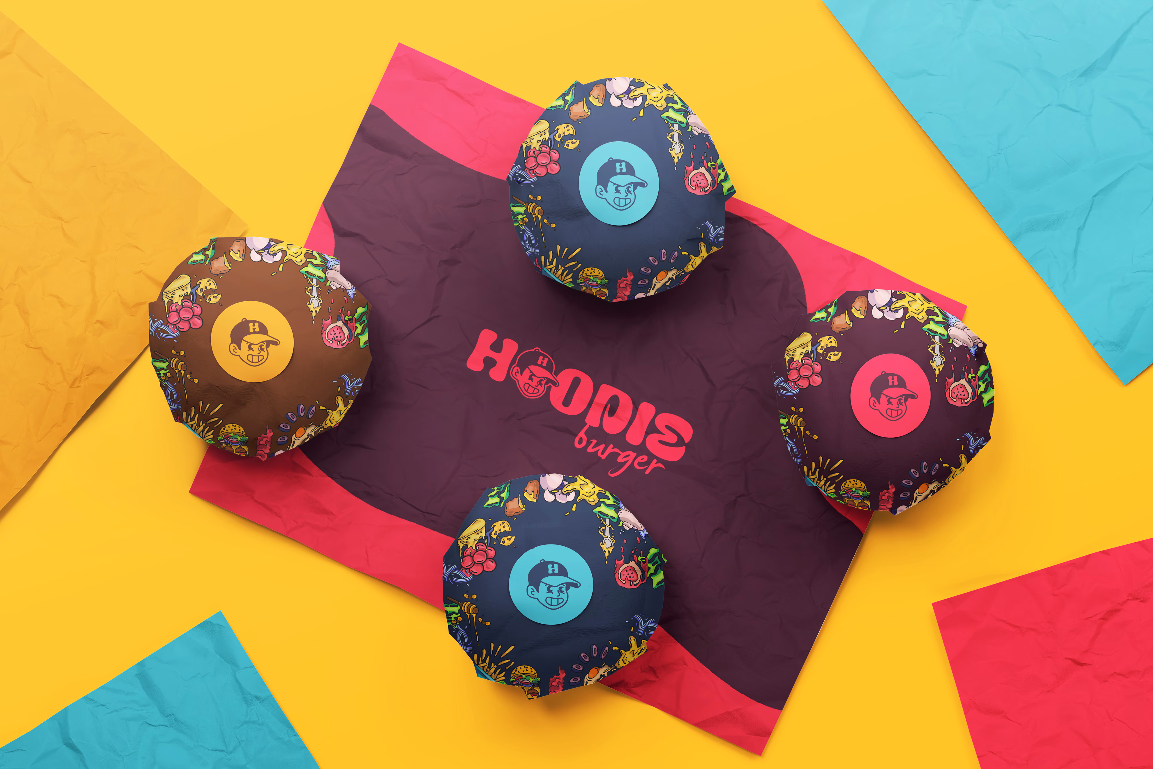 Packshot des packaging colorés Hoodie Burger.