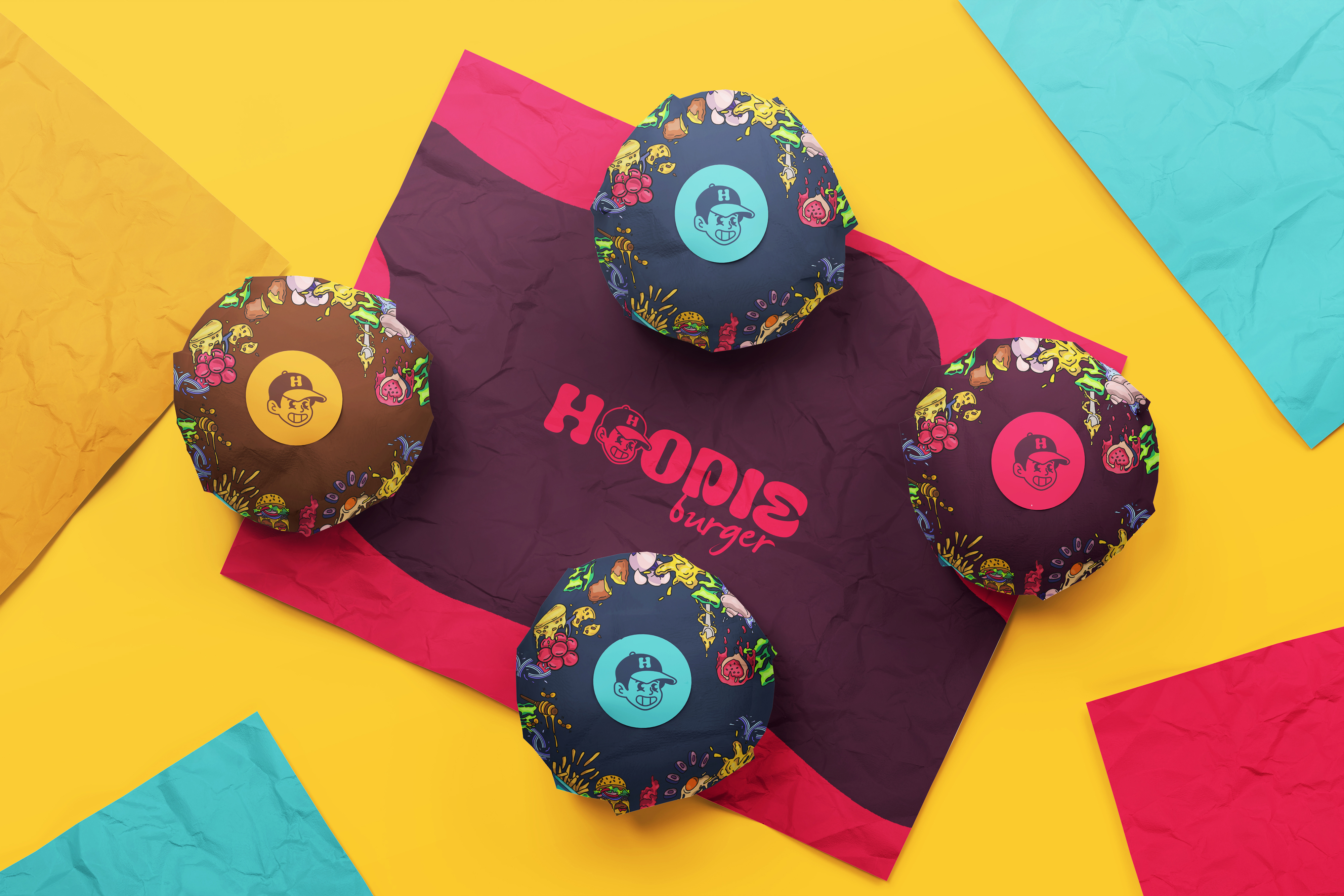 Packshot des packaging colorés Hoodie Burger.