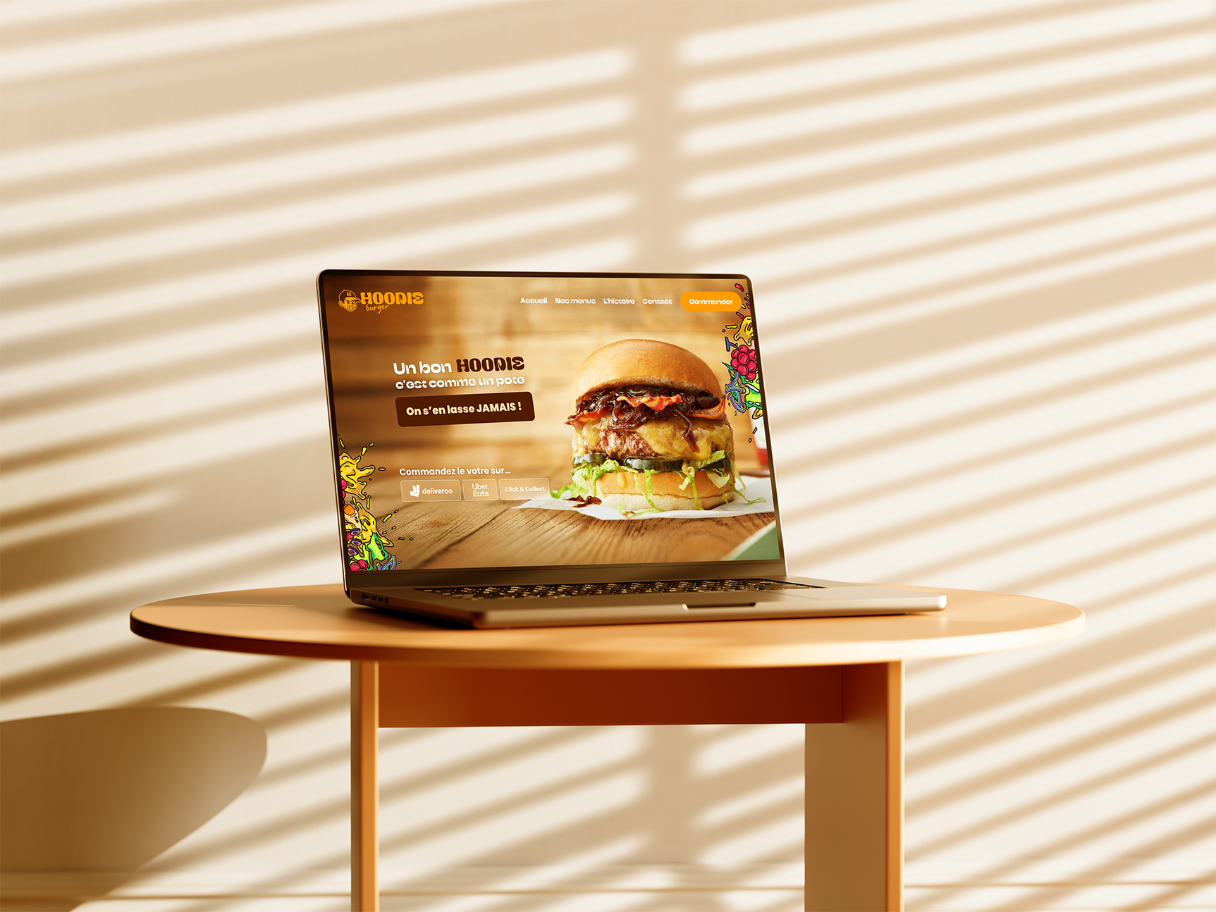 Visuel d'un ordinateur affichant le site web Hoodie Burger.