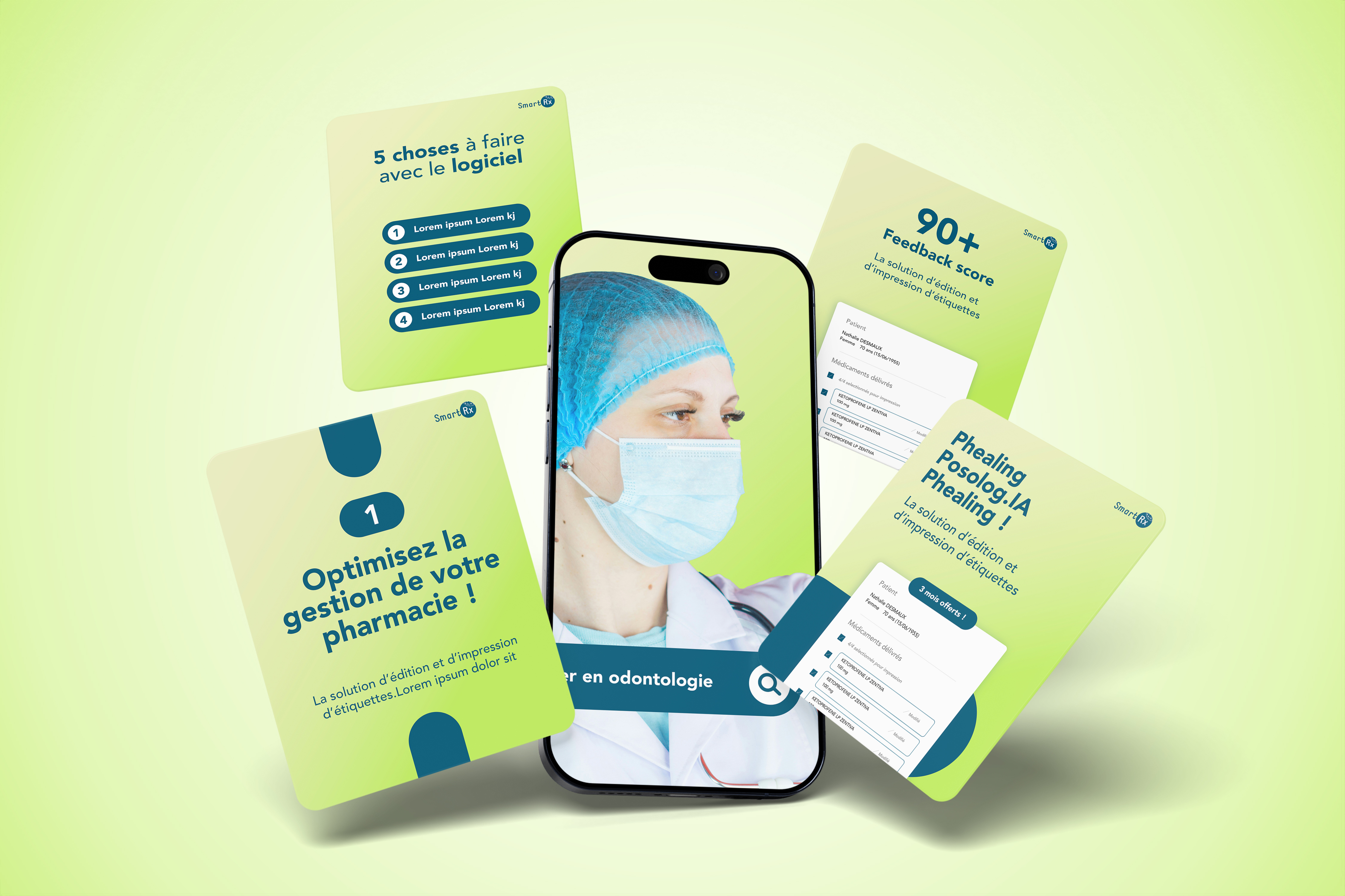 Mockup de tous les templates réalisés pour Smart RX sur Instagram.