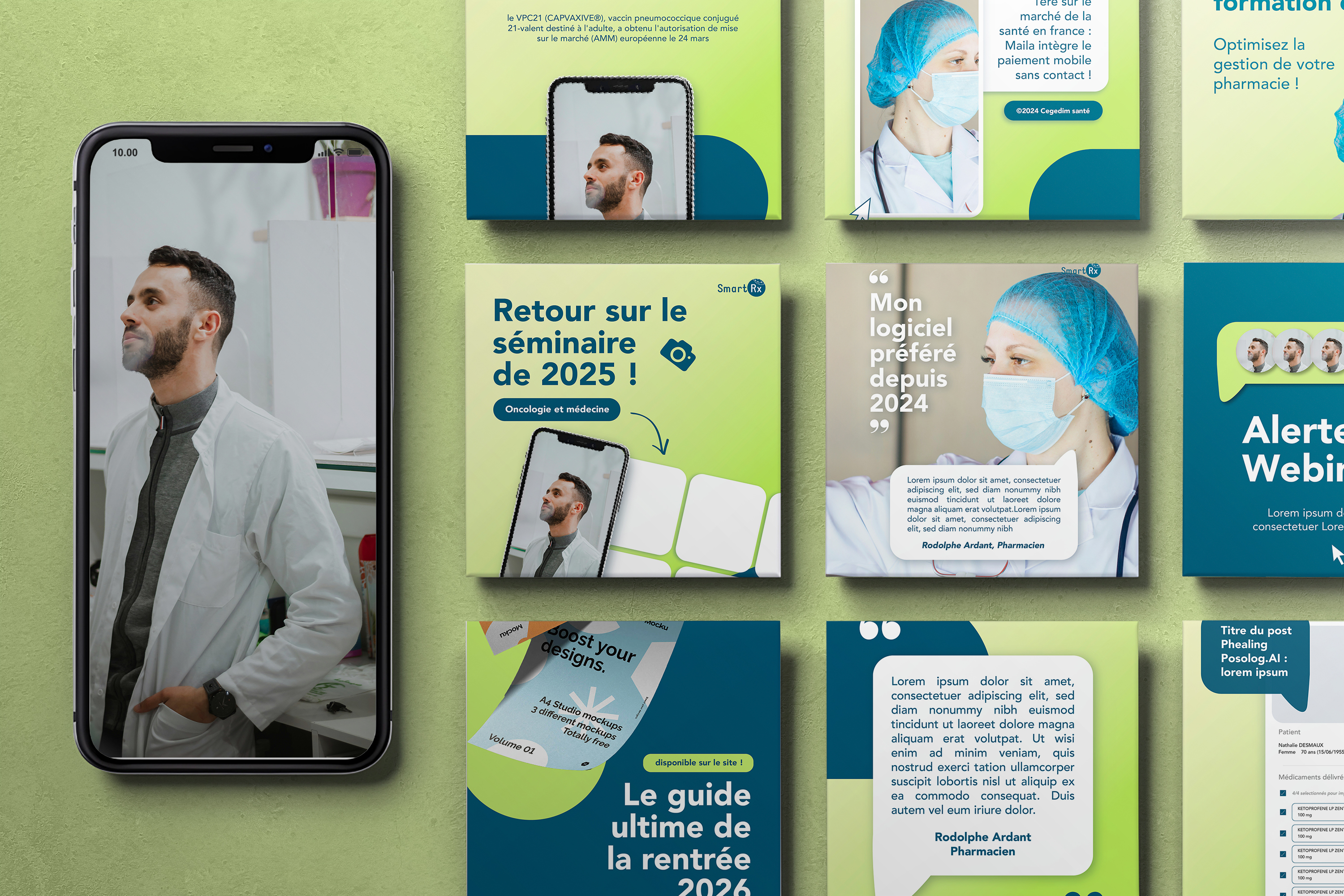 Mockup vu du dessus de tous les templates social media réalisés pour Smart RX.