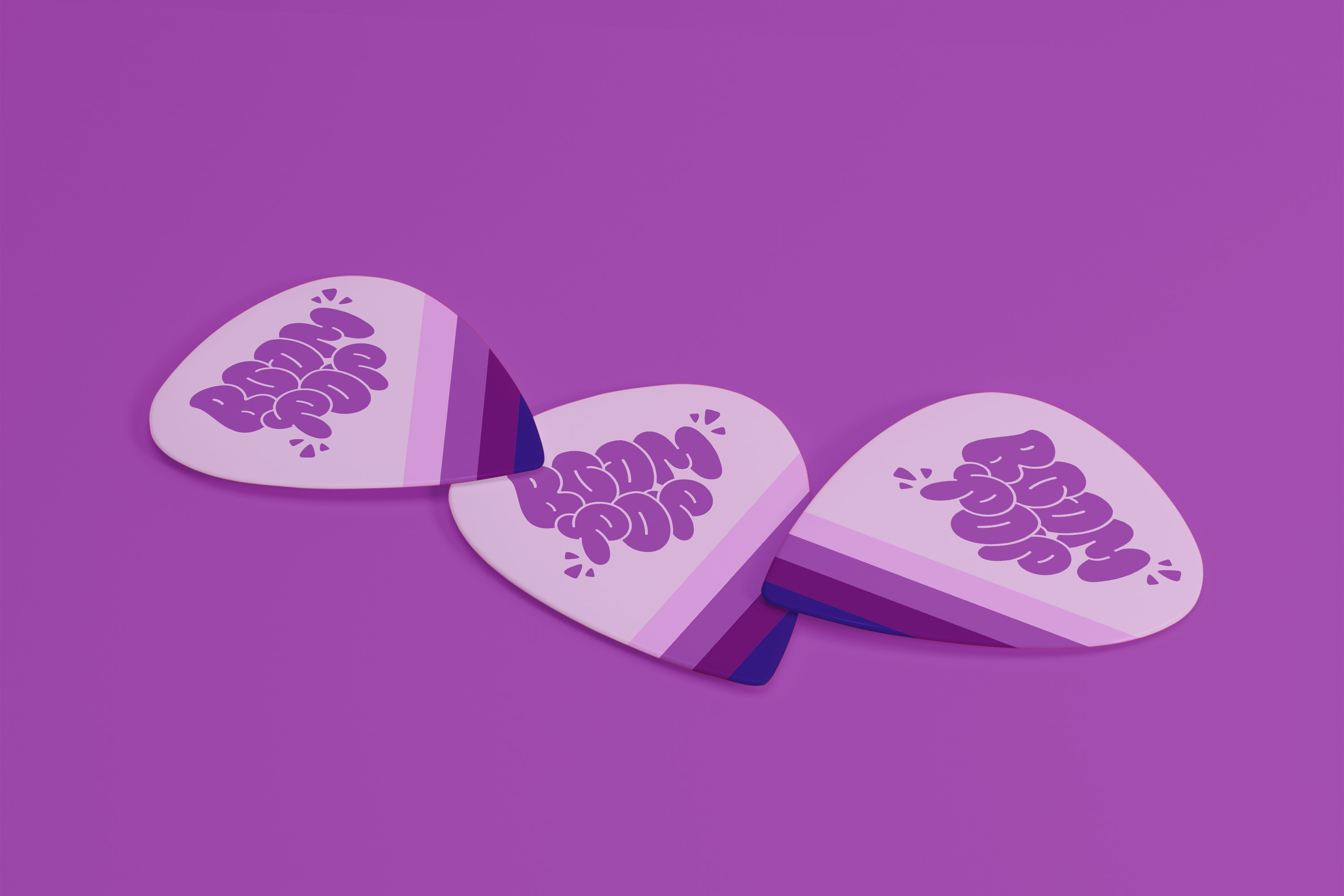 Mockup de goodies pour guitare pour le studio Boom Pop.