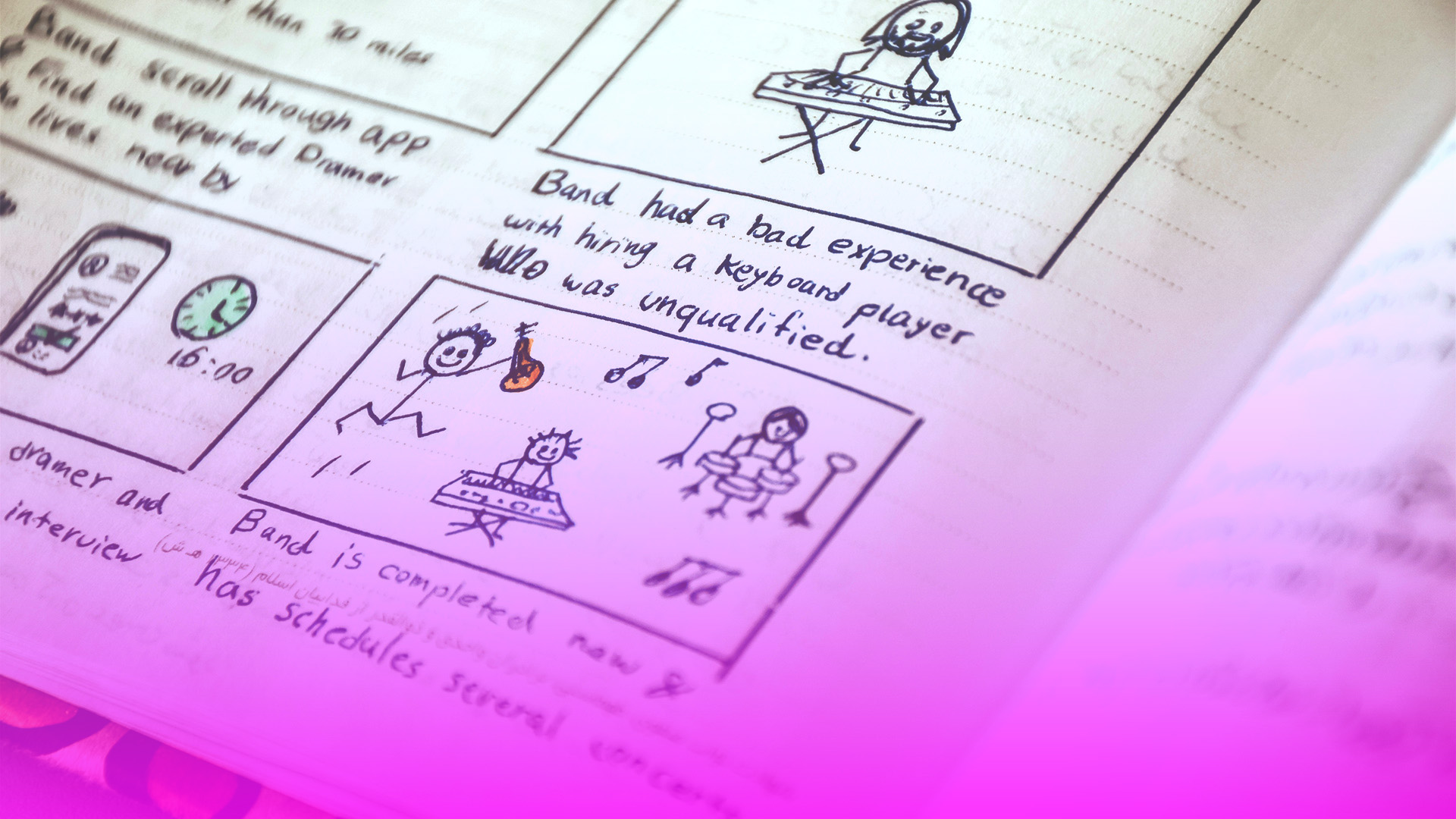 Un carnet de storyboard dessiné avec un filtre rose dégradé.