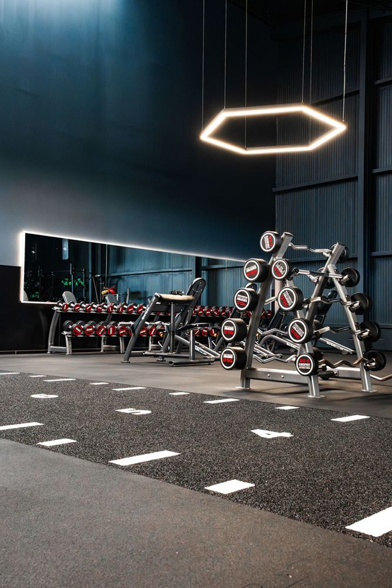 Gym area with racks of dumbbells, a workout bench, and a hexagonal ceiling light.