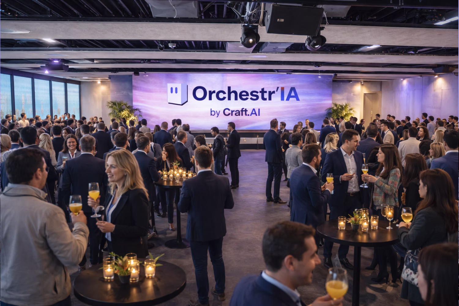 Événement professionnel avec plusieurs personnes en tenue formelle discutant et tenant des verres de jus devant un grand écran affichant le logo "Orchestr'IA by Craft.AI".