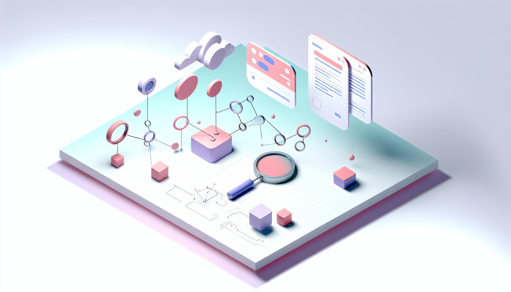 Session replay bug reporting for SaaS visualized with abstract geometric shapes and magnifying glass.