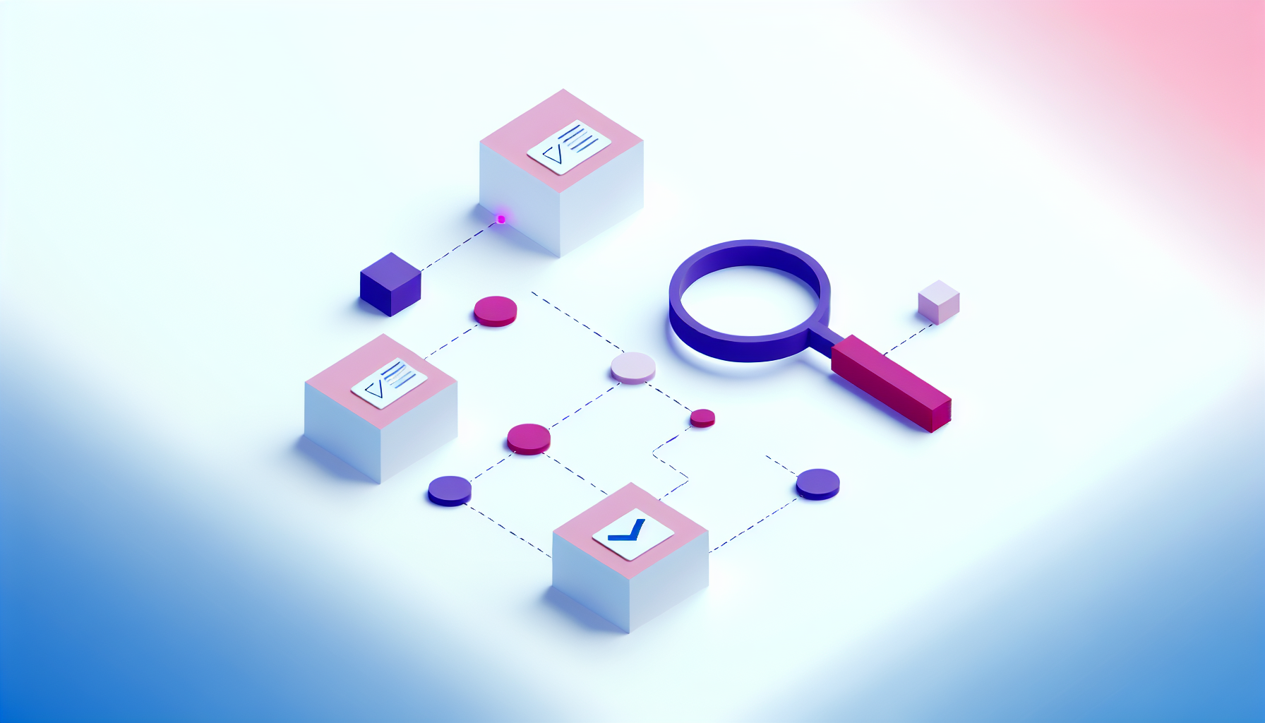 Session replay for bug reports illustrated with magnifying glass and checkmarks in a modern abstract style.