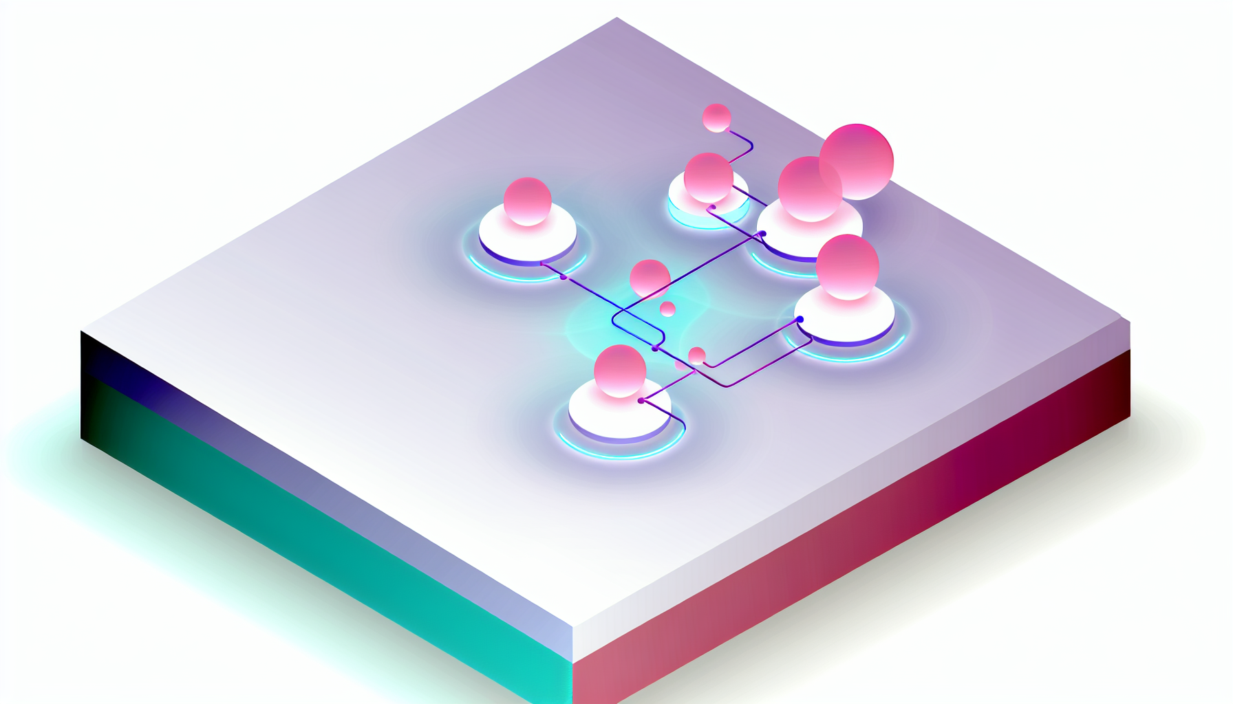 Minimal isometric illustration showing AI customer support chatbot handoff with connected orbs and flow lines.