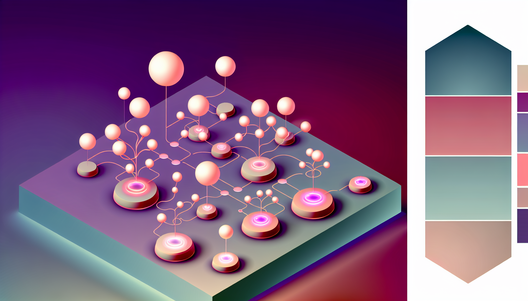 Connected glowing orbs and curved lines representing AI network nodes.