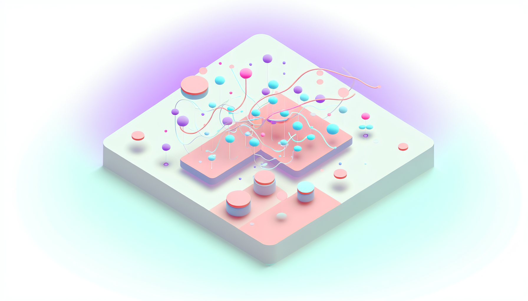 AI chatbot trends illustration with connected orbs and neural nodes.