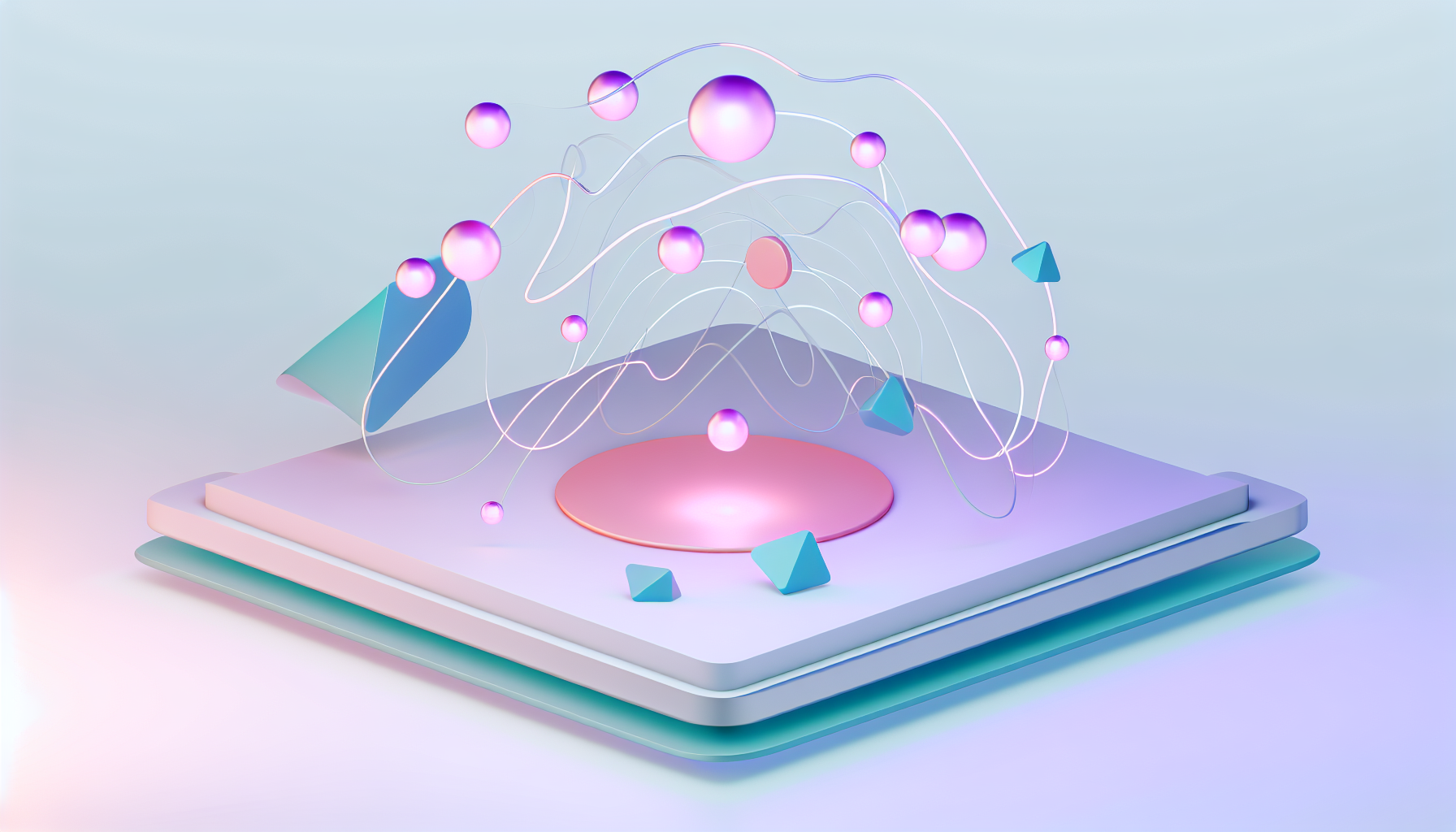 AI survey design with abstract geometric shapes and glowing orbs.