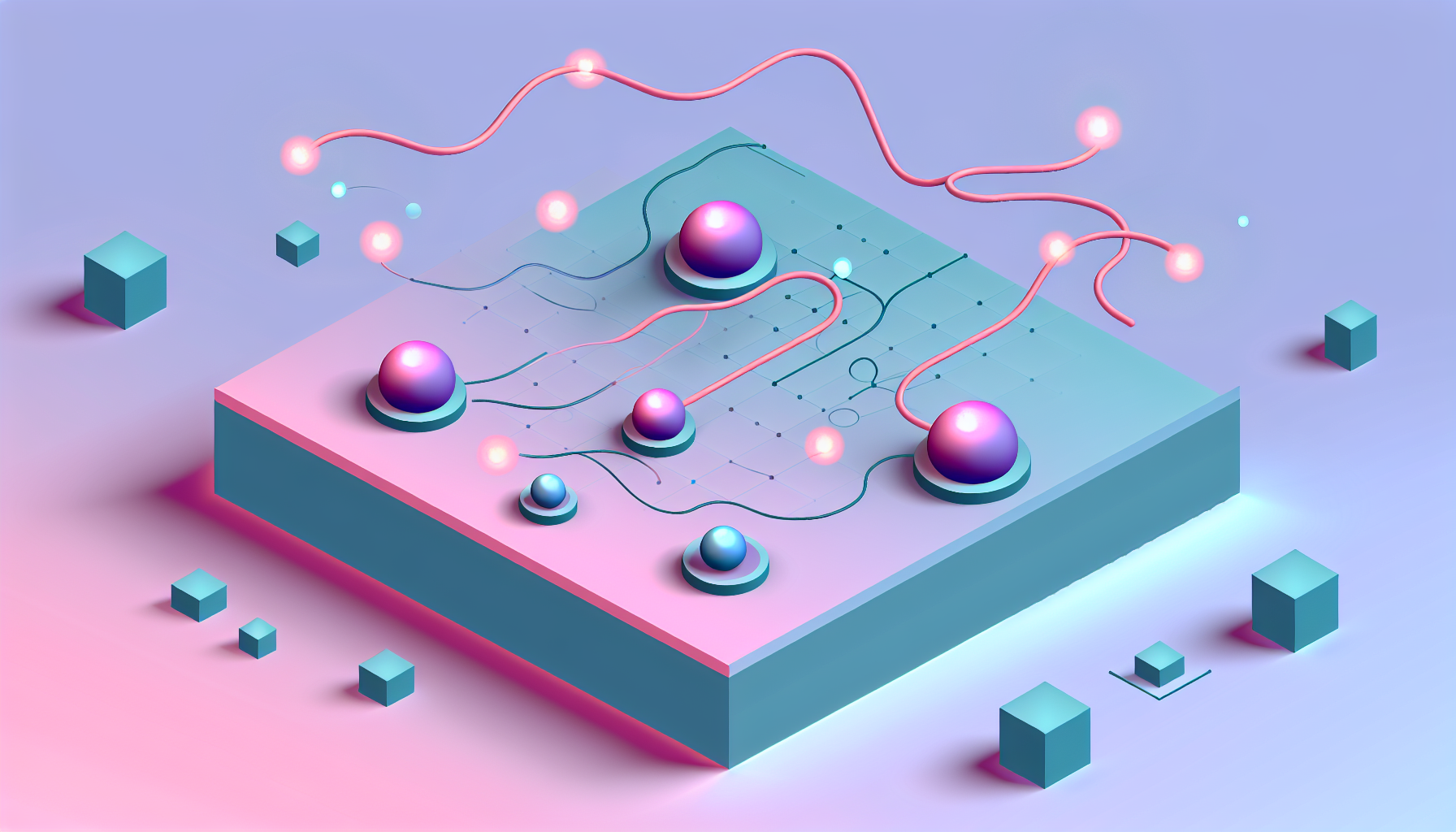 AI customer support chatbot illustration with glowing orbs and flowing lines.