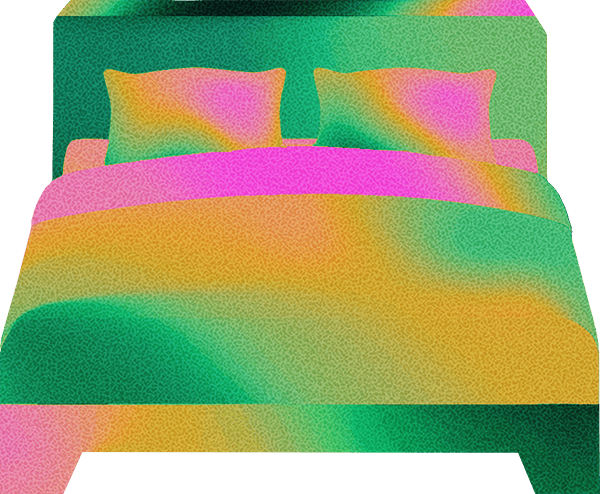Modern bed with a high green headboard, two pillows, and a multicolored duvet in shades of pink, orange, and green.