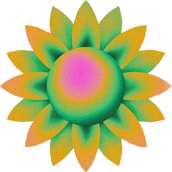 Abstract multicolored flower with orange and green petals and a pink center.