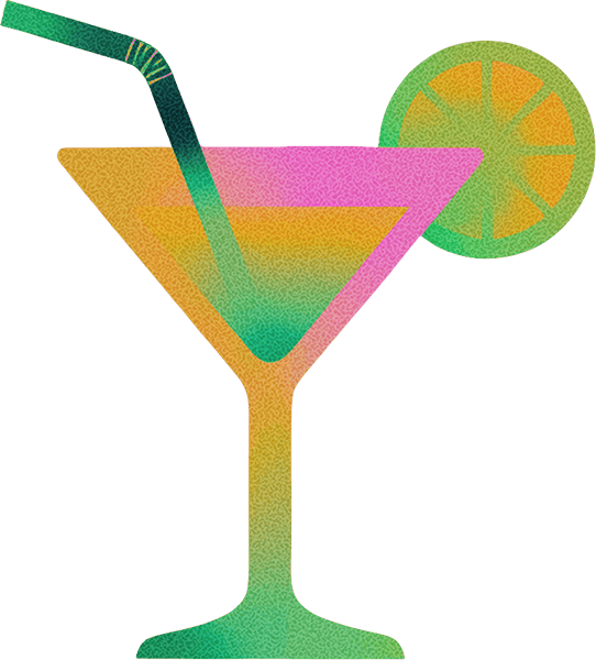 Colorful cocktail glass with a straw and an orange slice garnish.