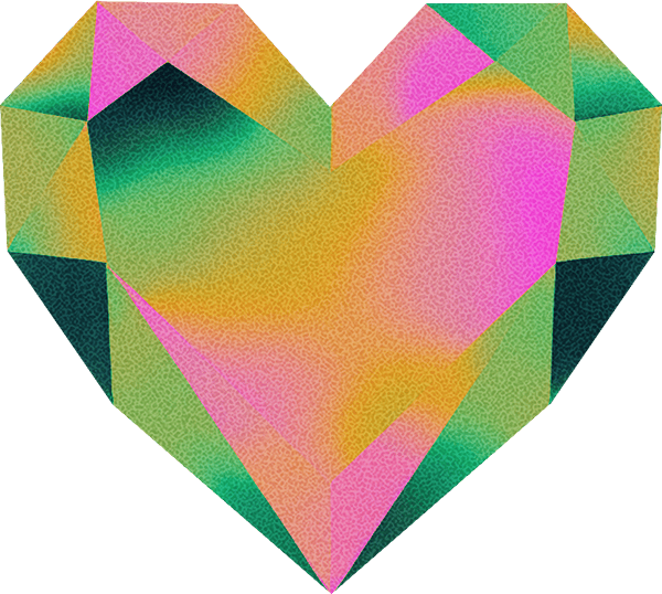 Geometric heart shape with a colorful gradient of pink, green, and yellow tones.