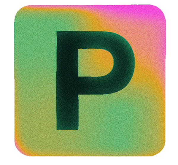 Bold black letter P centered on a square background with gradient colors blending green, yellow, orange, and pink.
