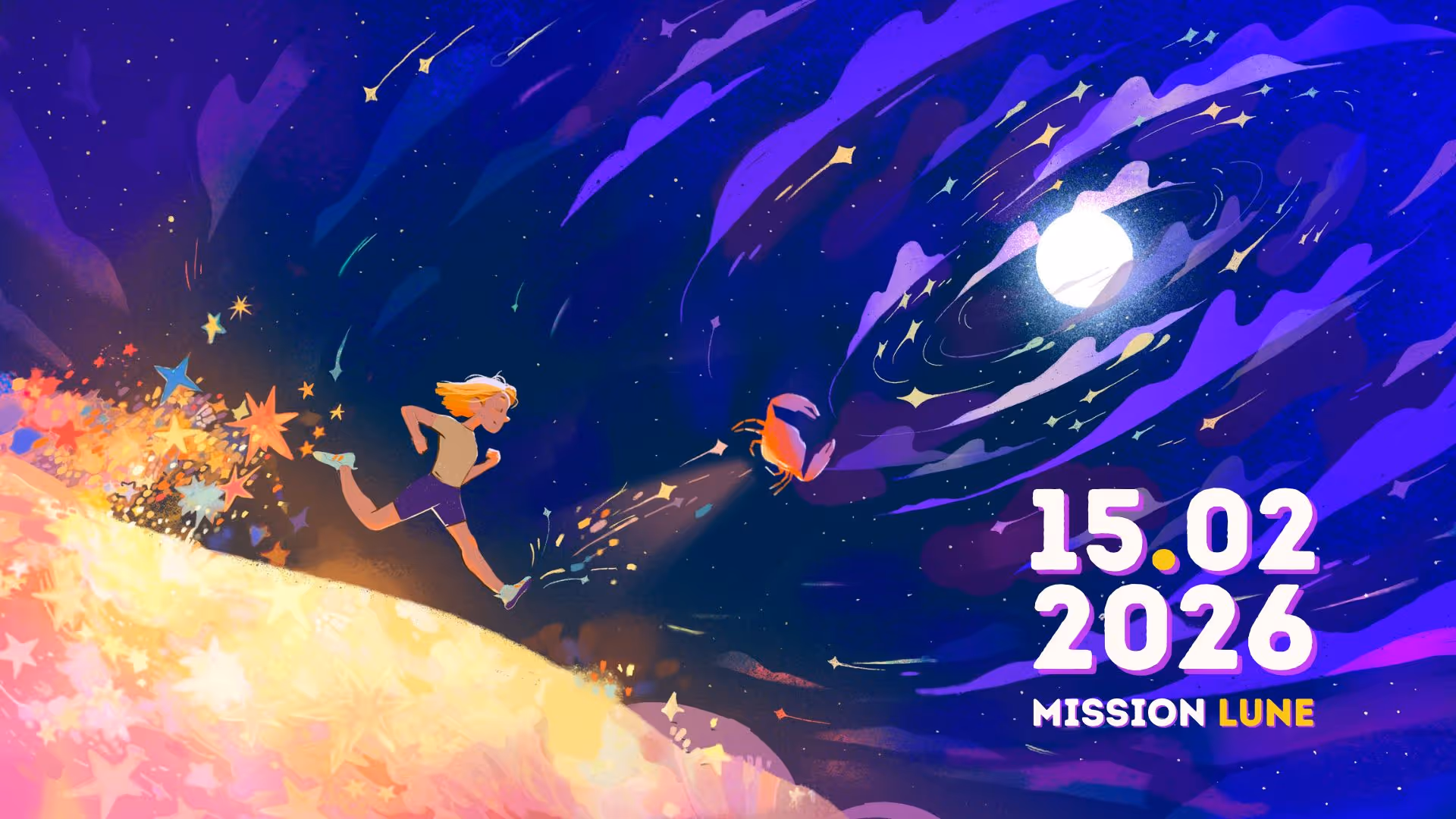 Illustration d'une fille courant sur une surface lumineuse avec traînée d'étoiles, poursuivie par un crabe vers une lune brillante dans un ciel étoilé, avec le texte « 15.02 2026 MISSION LUNE ».