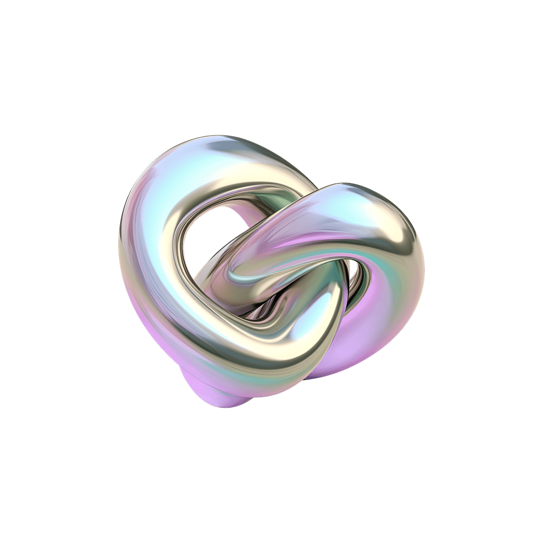 Glossy, intertwined metallic torus shape with iridescent reflections on a black background.