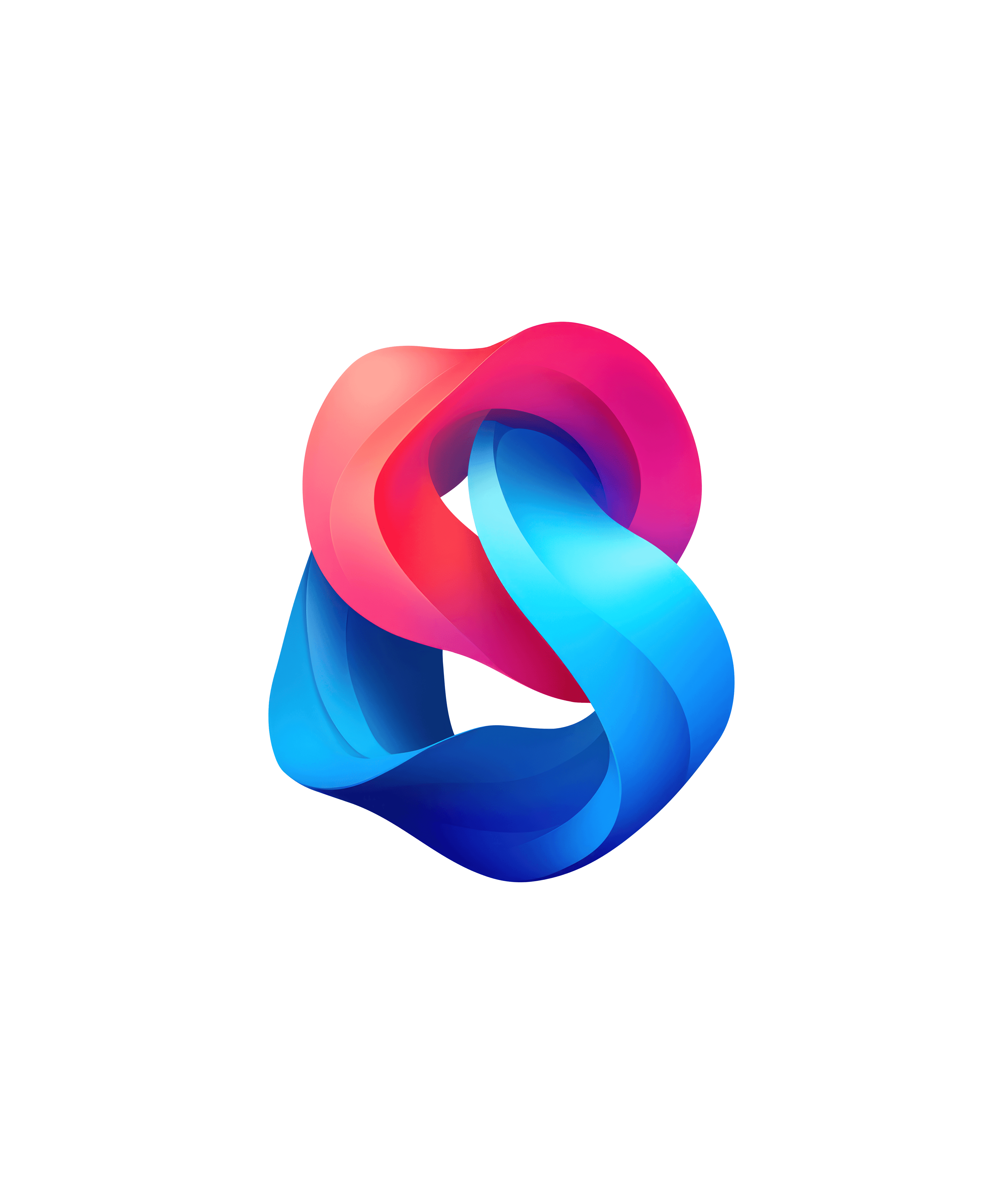 3D abstract ribbon shape intertwining blue and pink gradients on black background.