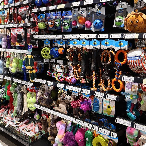 A wide selection of premium dog food bags on a shelf at City Pets.

