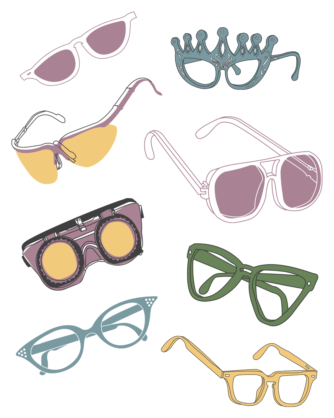Vintage and stylish sunglasses and eyeglasses in various colors and shapes