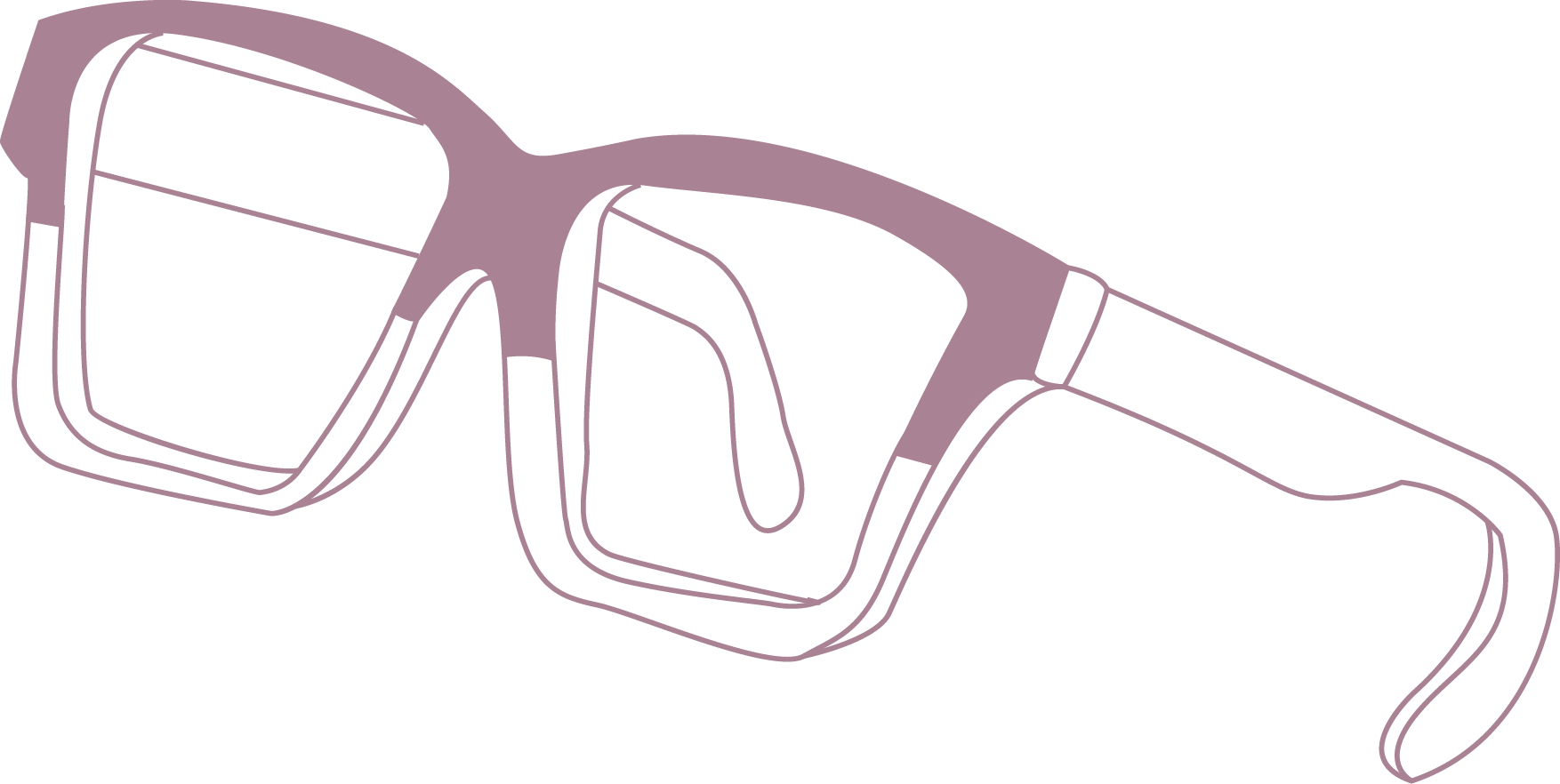 Mauve-colored eyeglasses with thick frames, side view illustration