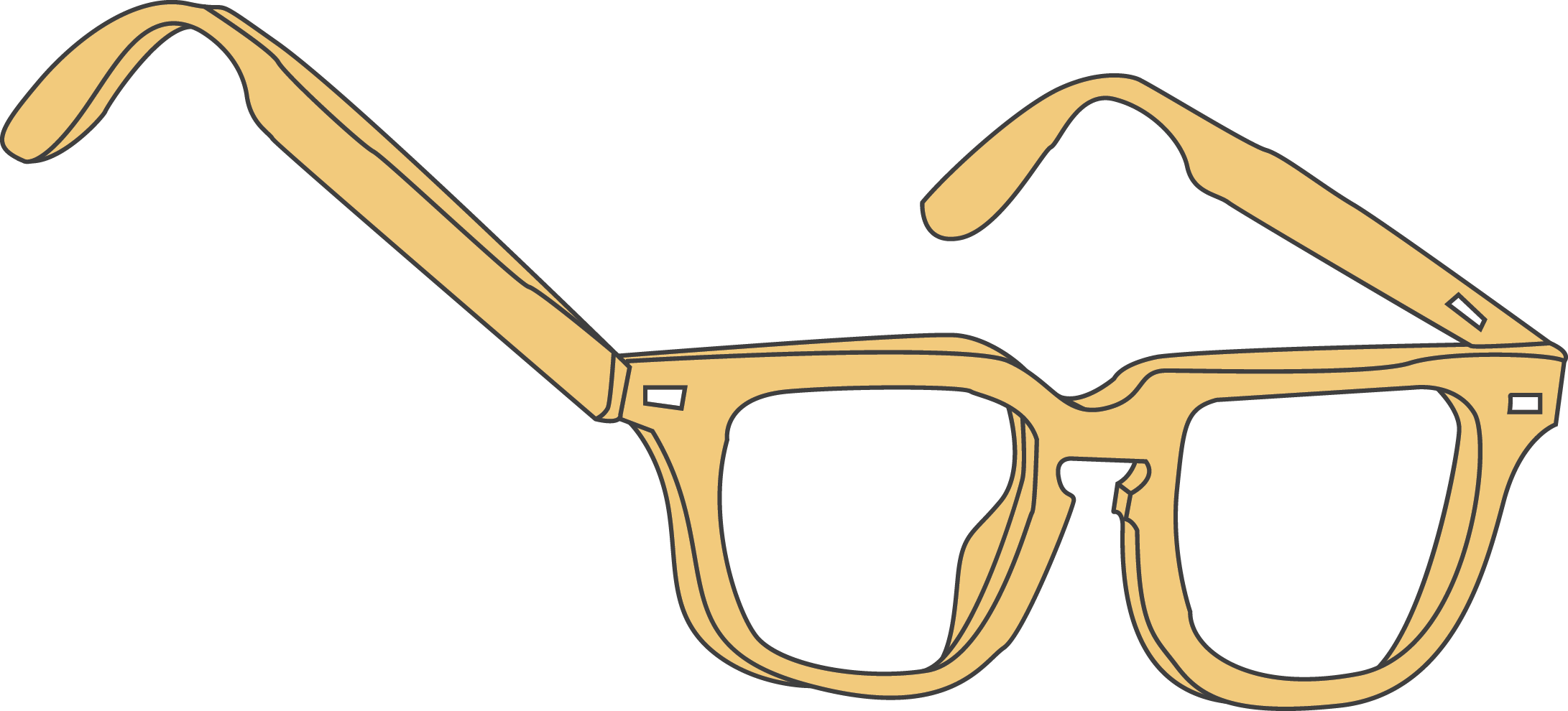 Yellow square eyeglasses with clear lenses on white background