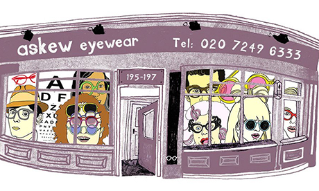 Quirky cartoon storefront of Askew Eyewear with various stylized glasses-wearing characters