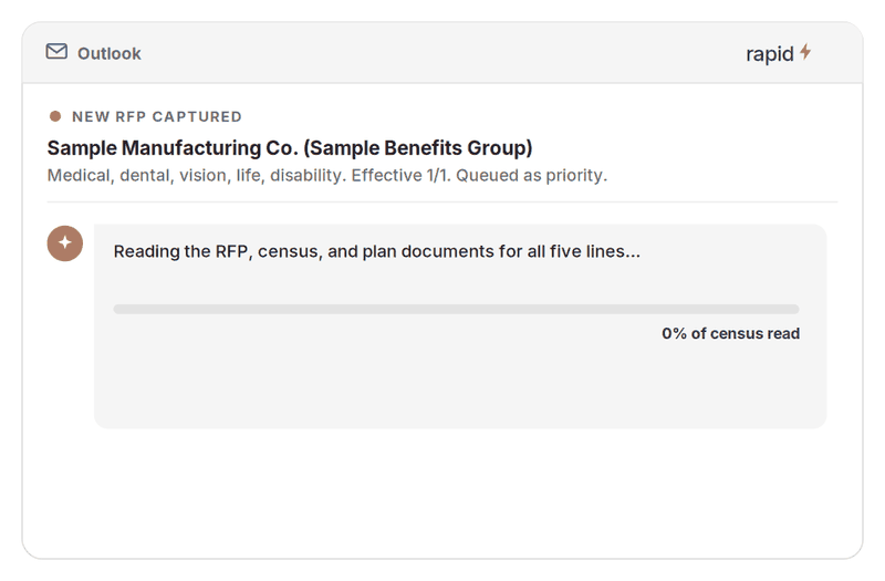The RAPID Outlook add-in reading a census and drafting the broker reply