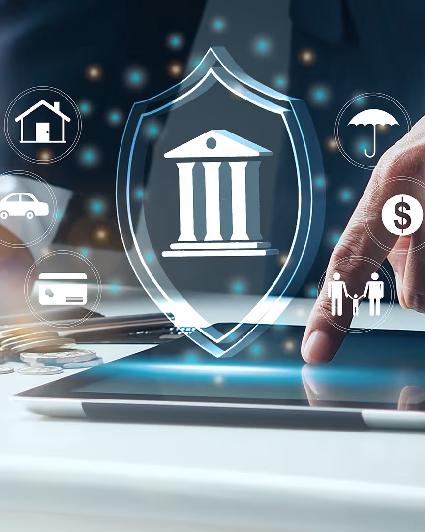 Holographic bank icon floating above tablet, representing payment infrastructure