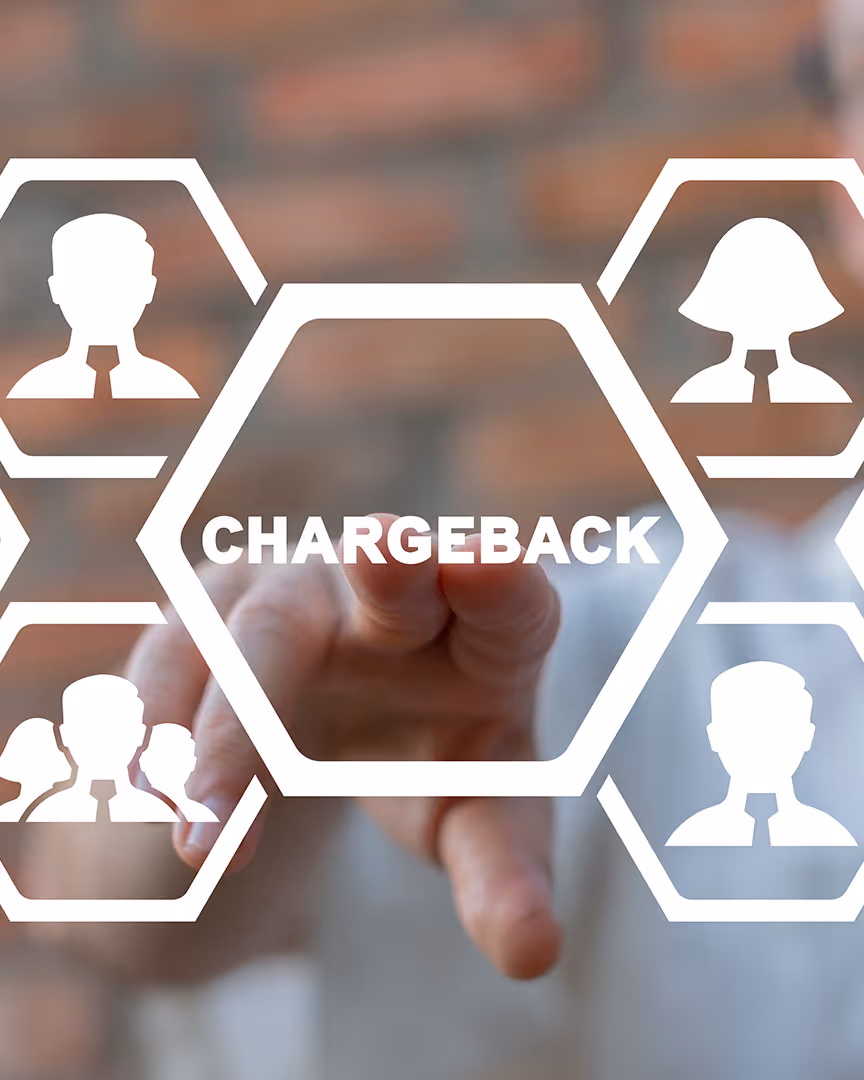 Man pointing to the word chargeback in a hexagon